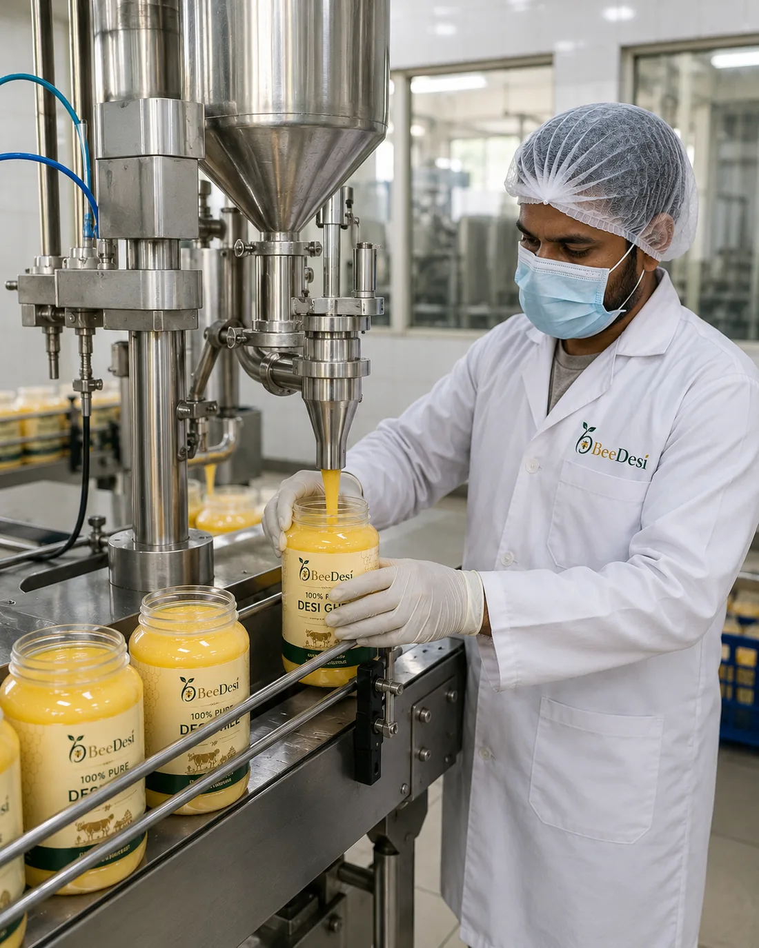 BeeDesi desi ghee jars being filled on the production line