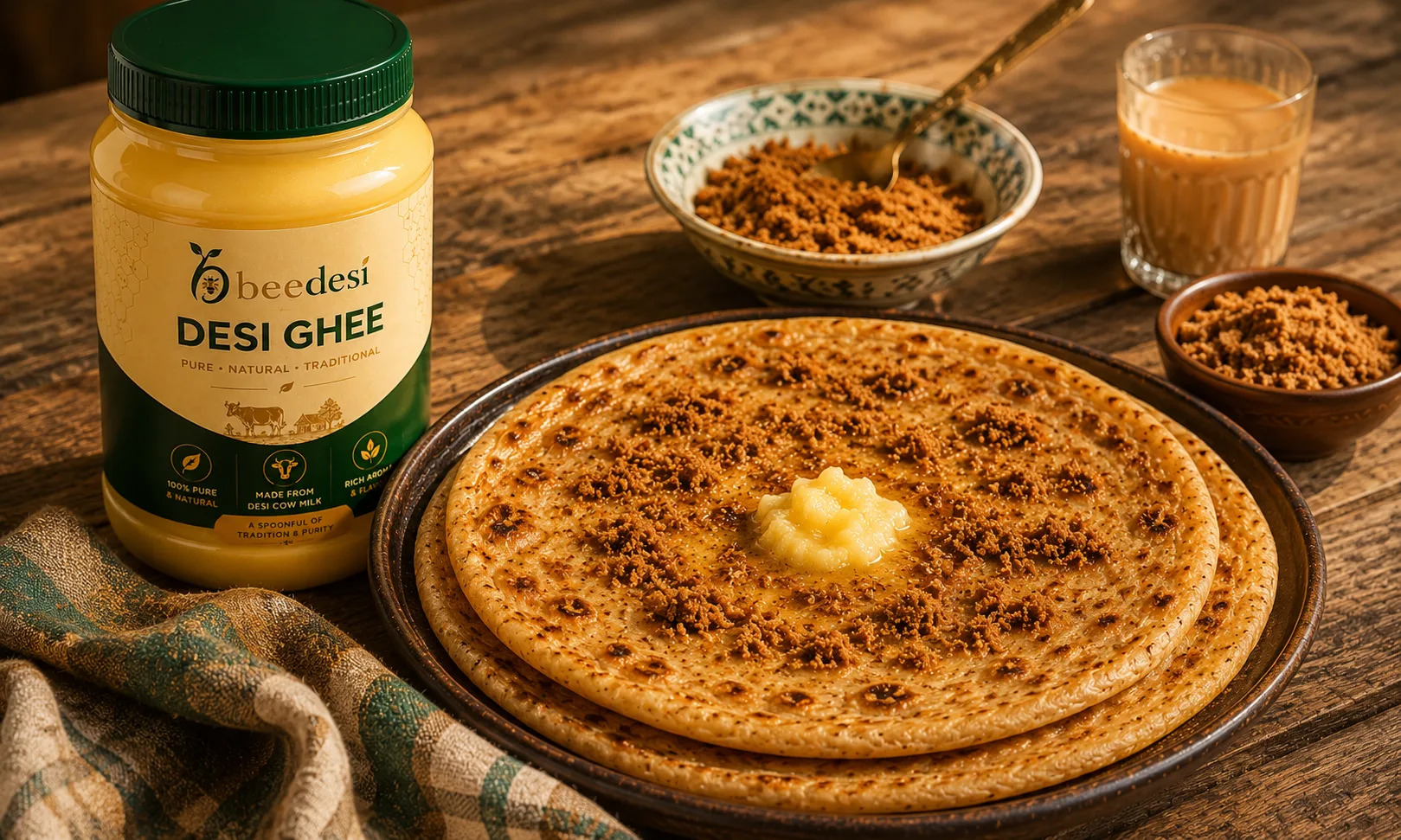 BeeDesi desi ghee with parathas, shakar and chai on a wooden table