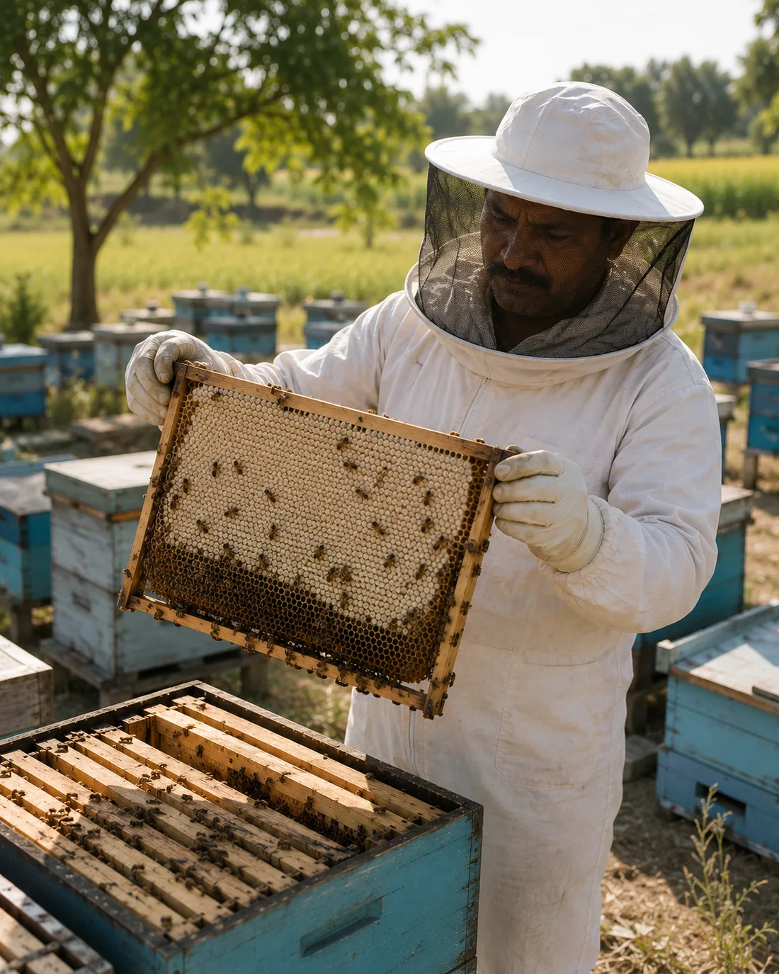 BeeDesi beekeeper inspecting a honeycomb frame at the apiary