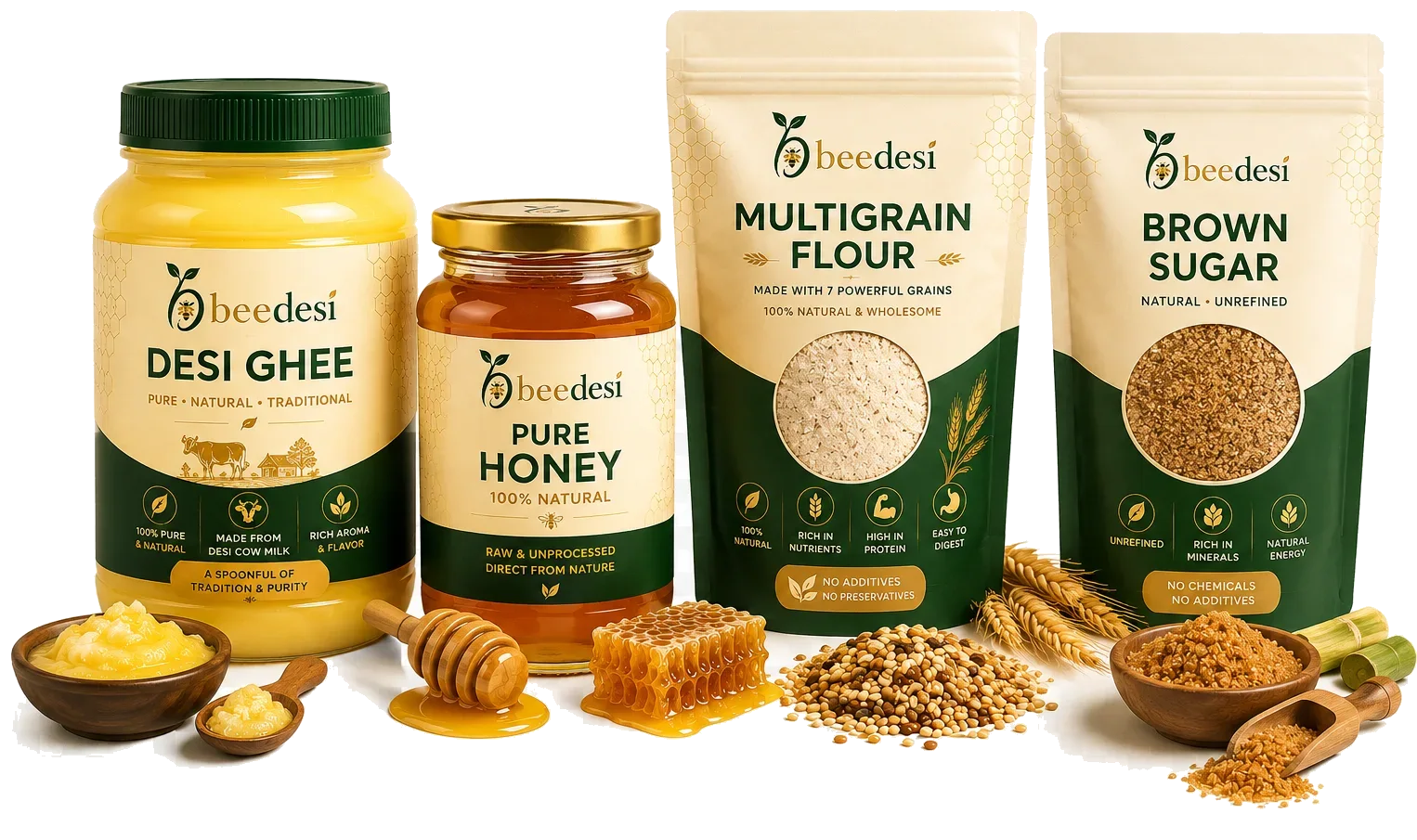 The BeeDesi collection — Desi Ghee, Pure Honey, Multigrain Flour and Brown Sugar